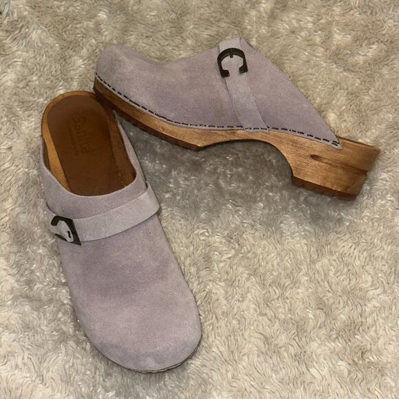 Sanita Hedi Sz 9 Classic Wooden Heel Clog Syringa Lavender Suede Brass Buckle - Picture 2 of 8